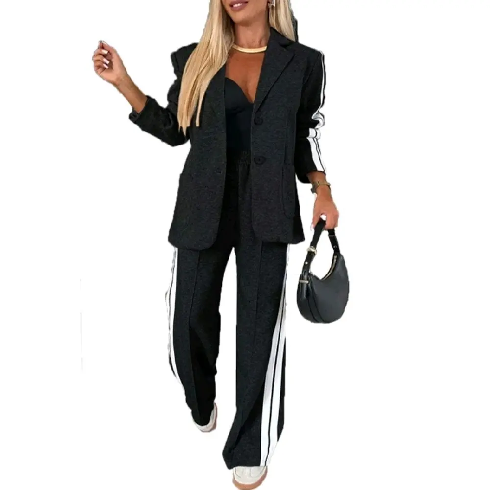 Women’s 2-Piece Blazer & Wide Leg Pants Set – Chic Casual Suit with Side Stripe Womenswear