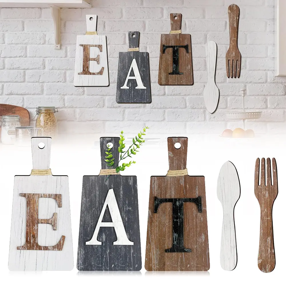 Wooden Rustic Fork and Spoon Wall Mount Set - Kitchen Decor Cutting Board & Eat Sign, Farmhouse Primitive Country Home Hanging Decoration for Cabinets