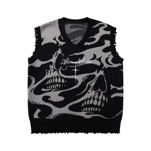 Men’s Gothic Skull Cross Embroidered Knit Sweater Vest, Casual Crewneck Pullover for Autumn & Winter, Trendy Street Fashion