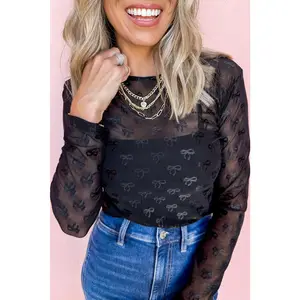 Black Mesh Bow Pattern Long Sleeve Top