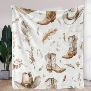 Western Cowboy Boot & Hat Design ,Super Soft Flannel Printed 3D Blanket, As Birthday Gifts, Family, Wedding, Souvenir Blankets, Polyester Blankets Suitable For All Seasons, Washable, Machine Washable, Lightweight, Breathable, Comfortable, Warm, Unique,