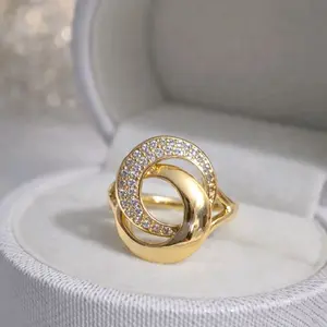 14K Gold Laminated Interlocking Circle Ring with Cubic Zirconia