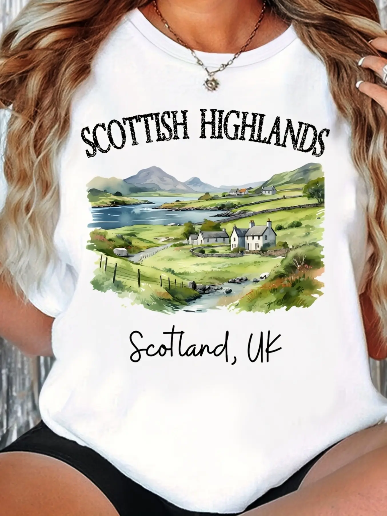 Scottish Highlands T-Shirt-Casual Round Neck Summe unisex soft cotton short sleeve t shirt, vintage graphic casual tee for men women teens, perfect birthday holiday gift for camping travel gym daily street  wear