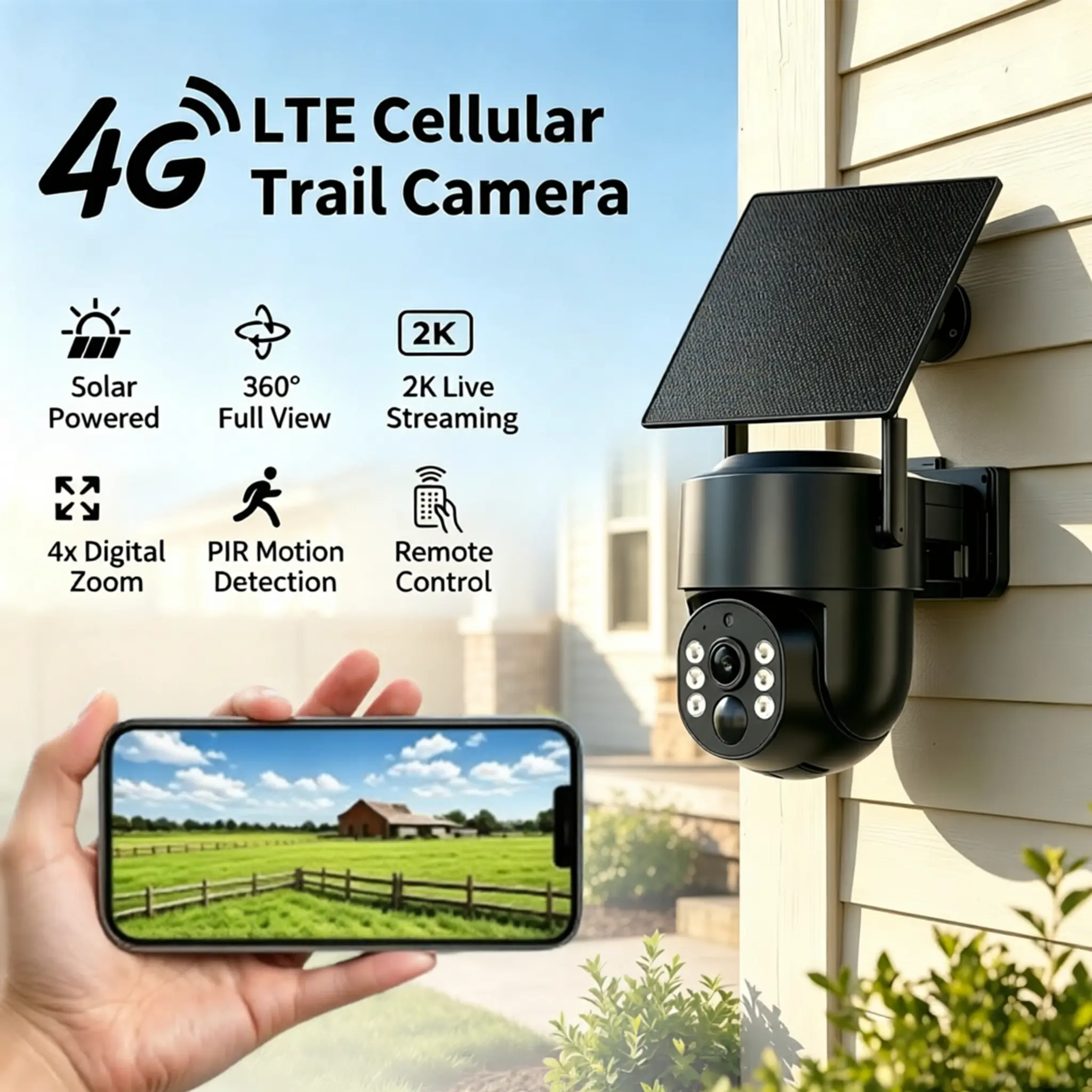 Outdoor Solar-Powered 4G LTE Wireless Surveillance Camera Security, 1440P 360° PTZ with Colorful Night Vision, Zoom, 2-Way Audio, Motion Sensor, Remote Access, Micro SD & Cloud Storage, IP66 Weatherproof for Home Security & Construction Sites