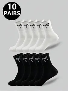 10 Pairs Mixed Color Bowknot Breathable Sports Socks, Comfortable Mid-Calf Socks for Everyday Wear, Versatile Athletic Socks, Volleyball Socks
