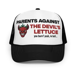 Parents Against The Devil's Lettuce Funny Trucker Hat | Silly Gift Cap for Stoners and Smokers | Unhinged Humor Drug Cap