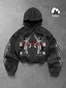 Gothic Streetwear Casual Hoodie, Los Angeles Letter & Angel Graphic Print, Washed Cotton, Long Sleeve, Fitted, Unisex Fall Winter Fashion, Sweatshirts