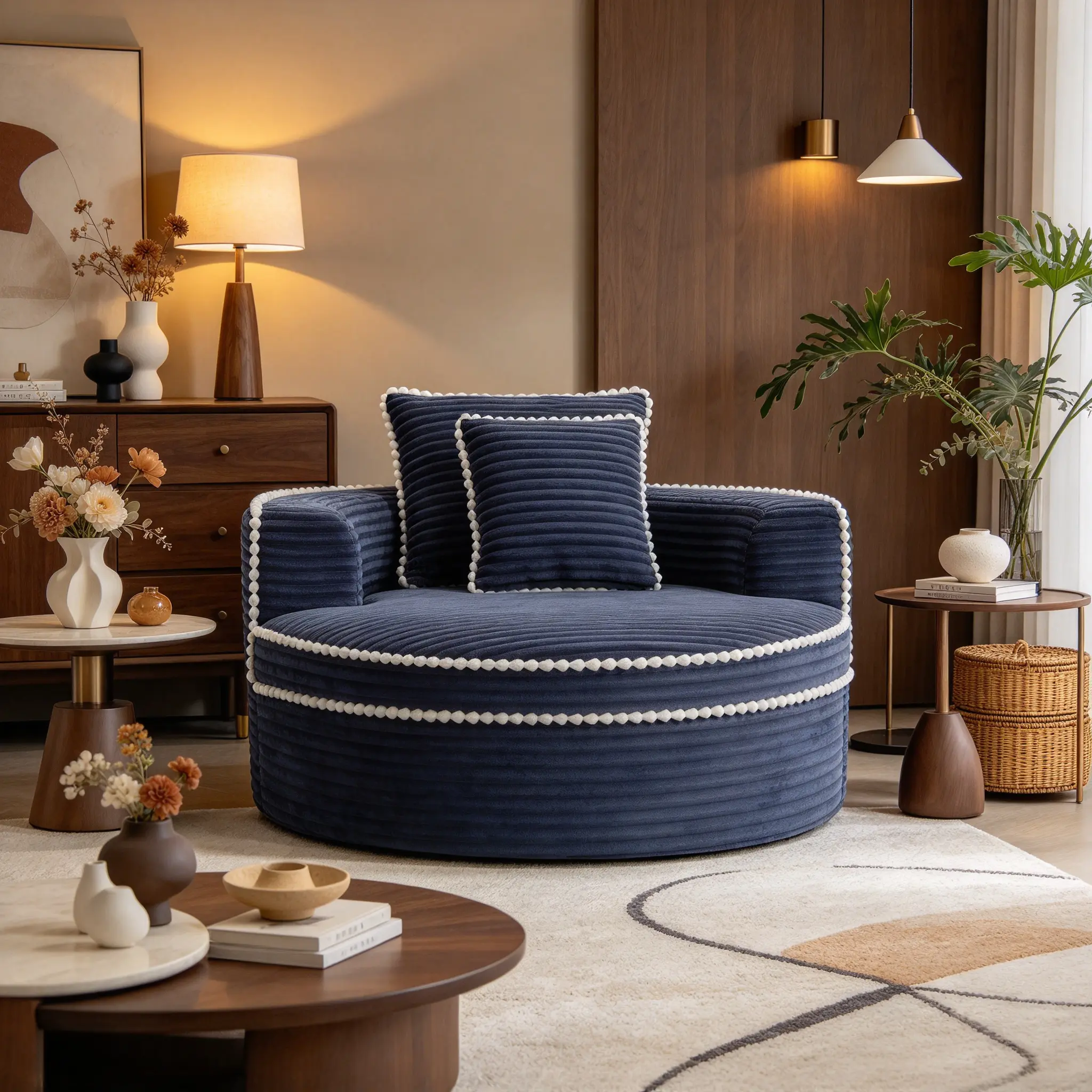 Round Sofa Bed with Memory Foam, Cloud Couch Sectional with 2 Pillows & Cup Holder, No Assembly for Living Room & Small Spaces