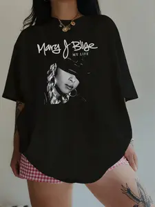 Women's Mary J Blige My Life Album Theme Memorial Graphic Tee, Soft Round Neck, Short Sleeve, Loose, Fabric, Perfect for Concerts & Everyday Wear