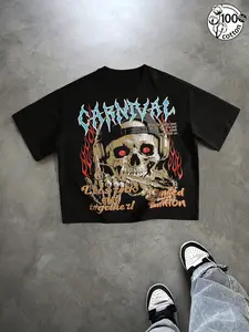 Unisex 100% Cotton Black Cropped T-Shirt | Skull Headphone Flame Print + "CARNIVAL" Slogan Dark Rock Y2K Streetwear Top