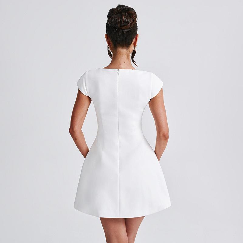 Women's T-neck Short Flutter Sleeve Waist-cinching A-line Elegant Dress Formal Womenswear Workwear Sleeveless Basic Black