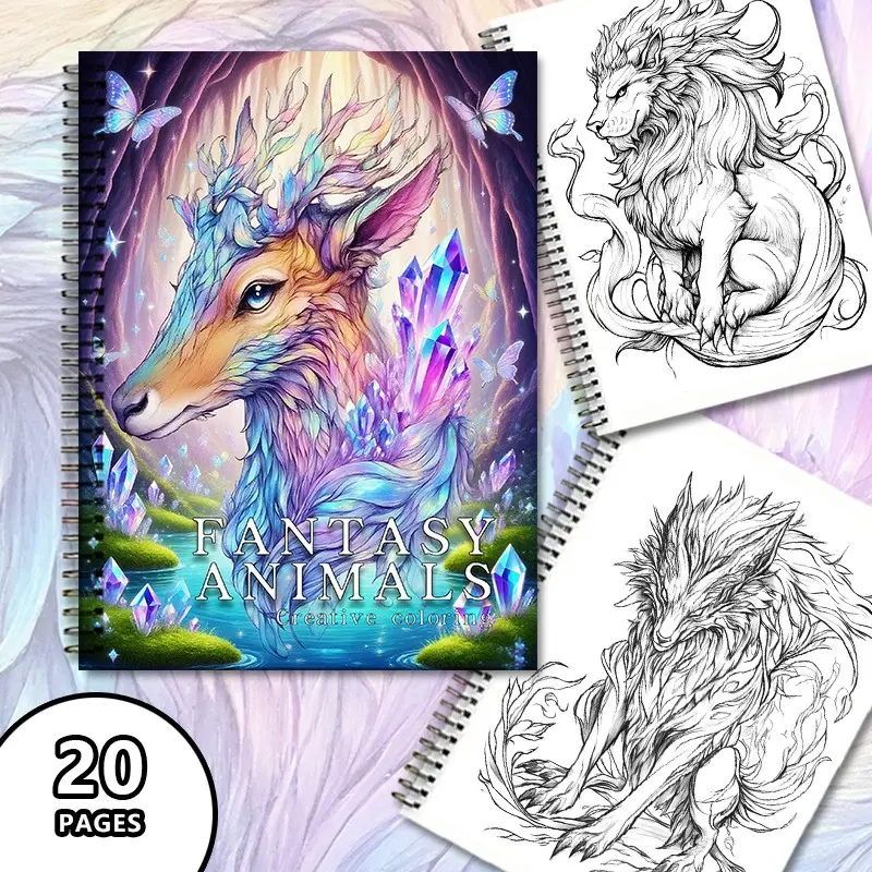 Fantasy Animal Illustrated Coloring Book, 20 Pages Luxury Creative Edition, Adult Teen Stress Relief, Thick Mixed Paper, Mythical Creatures, Christmas Halloween Birthday Gift