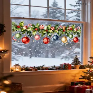 30*90cm Christmas-themed decorative static cling window sticker, Removable Window Decal, for home decoration, featuring Christmas elements like branches, leaves, ribbons, and balloons, for modern glass decoration