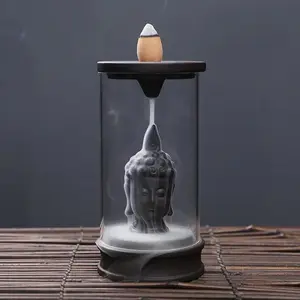Backflow Incense Burner, 1 Count Creative Buddha Statue Design Incense Burner with Windproof Acrylic Cover, Home Fragrance Decor for Living Room Bedroom, Scent