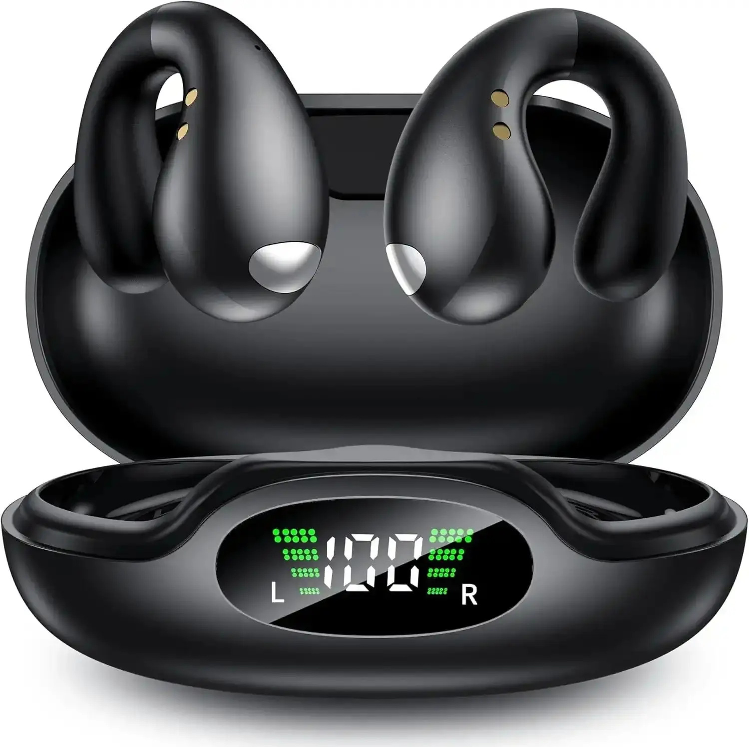 Bluetooth 5.4 Open Ear Clip Earphones, LED Battery Indicator, 50H Playback, Lightweight Comfortable Ear Hooks, Bone Conduction Audio for Running, Driving