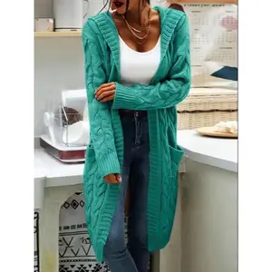 Elegant Plus Size Hooded Knit Cardigan, Long Sleeve Button Pocket Sweater Coat, Casual Plain Color Women's Fashion Outerwear, Knitted Sweater