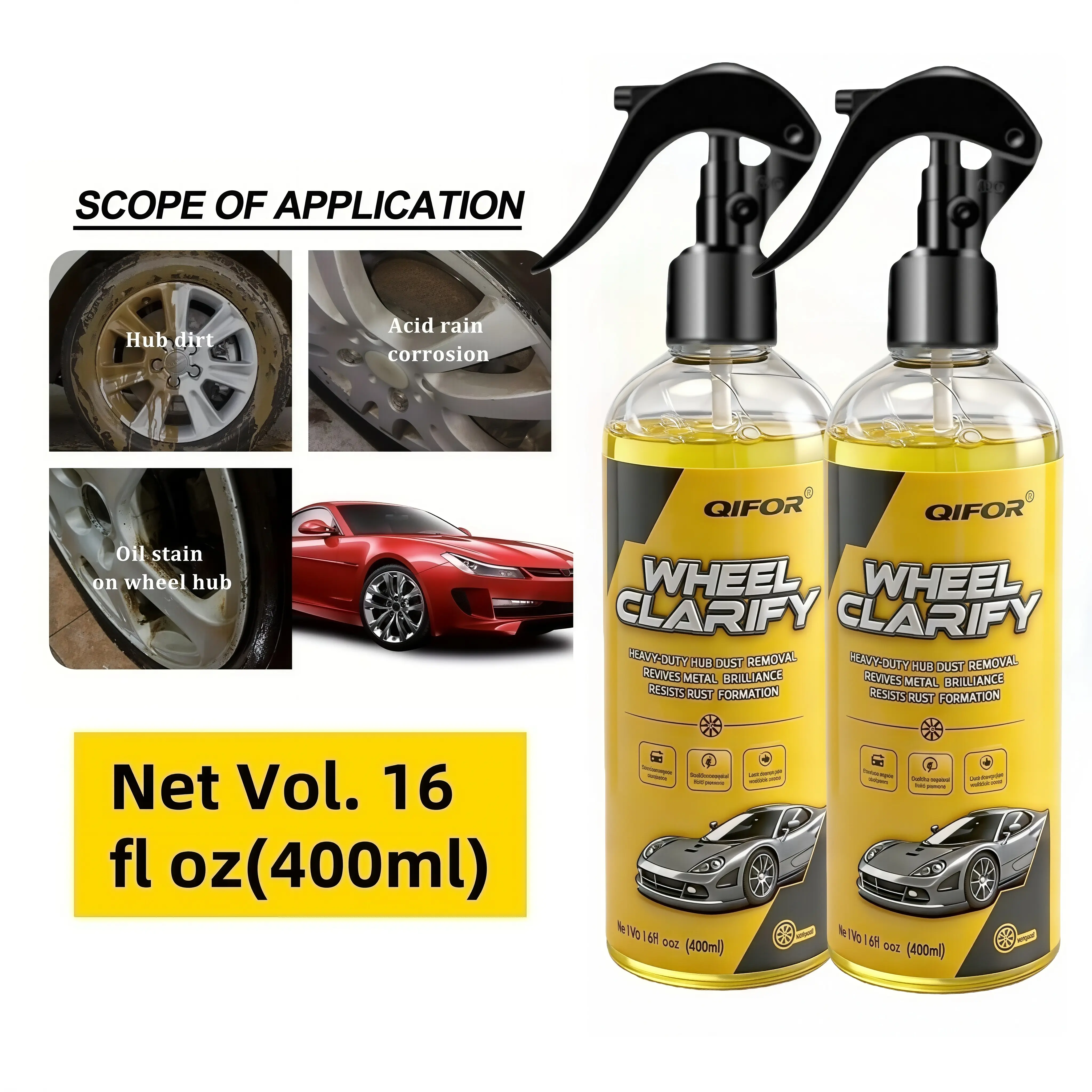 QIFOR Wheel Cleaner - 16 Oz Tire Cleaning & Rim Care Solution, Safe Versatile Brake Dust Remover for Alloy, Chrome, Aluminum Rims, White Wall Tires