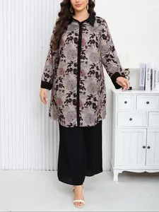Elegant Women's Two-Piece Set, Loose-Fit Floral Long Sleeve Top & Wide-Leg Pants, Perfect for Office, Dates, Casual, Spring & Fall Fashion Clothes