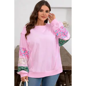 Pink Plus Size Mix Floral Patched Sleeve Ribbed Trim Baggy Sweatshirt