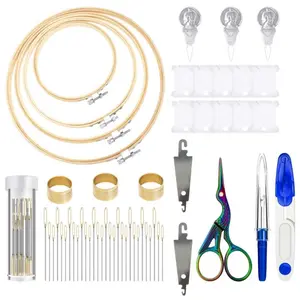 55 Pieces Cross Stitch Tool Embroidery Starter Kit Includes Bamboo Circle Cross Stitch Hoop Ring Sewing Scissors Needle Threading Tools Thimbles Floss Bobbins Seam Ripper and Embroidery(Blue)