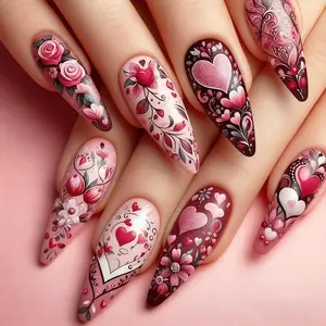 24pcs Valentine's Day Limited Edition Almond Shape False Nails, Block Press-On Nails, Reusable Long-Lasting Nail Art