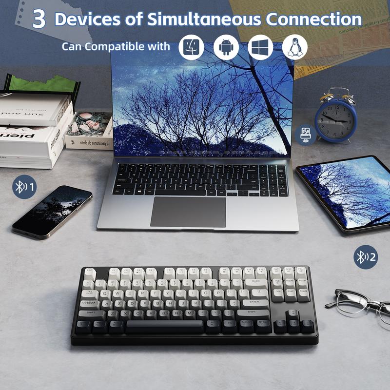 FREEWOLF M87 Wireless/BT Dual Modes Manbrane Gaming Keyboard 87 Keys Layout Type-C Rechargeable PBT Keycaps with Cool Rainbow Backlit  for PC Mac Linux