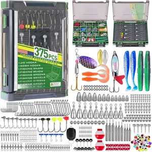 375 count Fishing Accessories Kit, Double sided Organized Fishing Tackle Box with Tackle Included Hooks, Weights Sinkers, Bass Fishing Gear Gifts