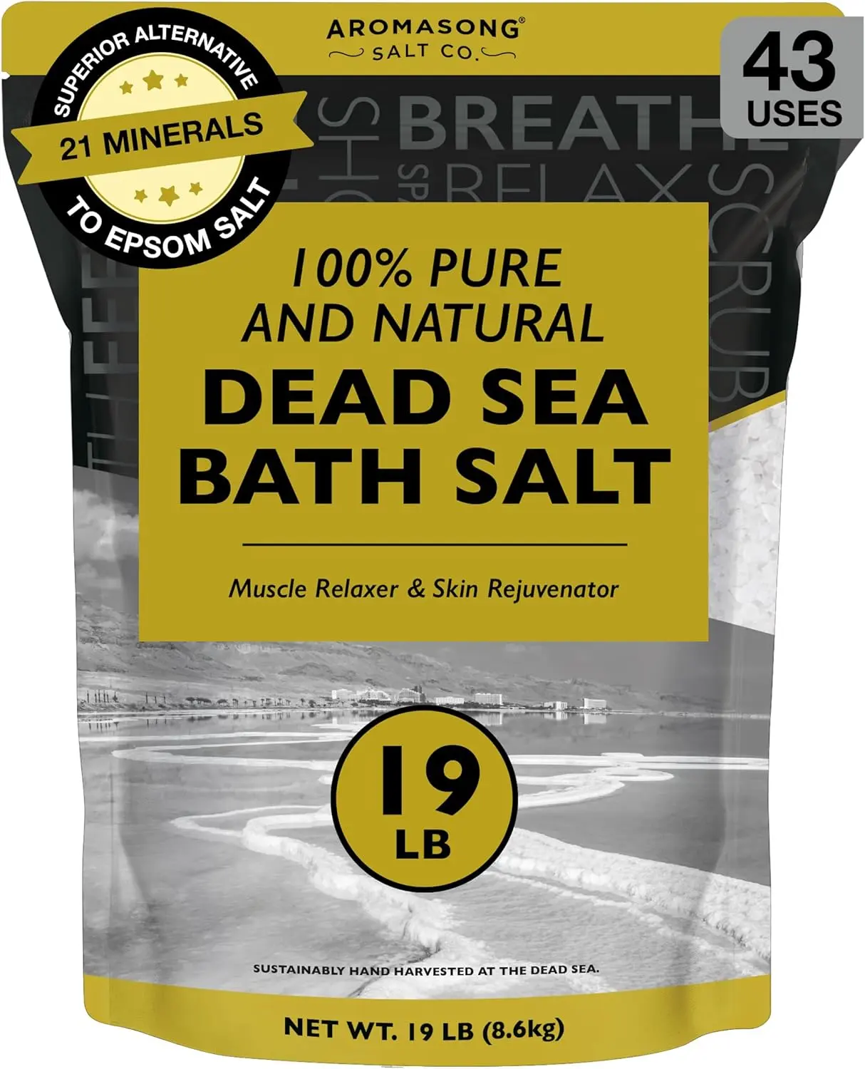 AROMASONG 100% Pure Dead Sea Bath Salt - 19 lbs Fine Grain Minerals, Body Care Exfoliating Soak Cleanser, Moisturizing Treatment for Dry Skin, Sore Muscle Relief, Smooth Skin Support, Ideal Gift, Moisturizing Body, Soak Body