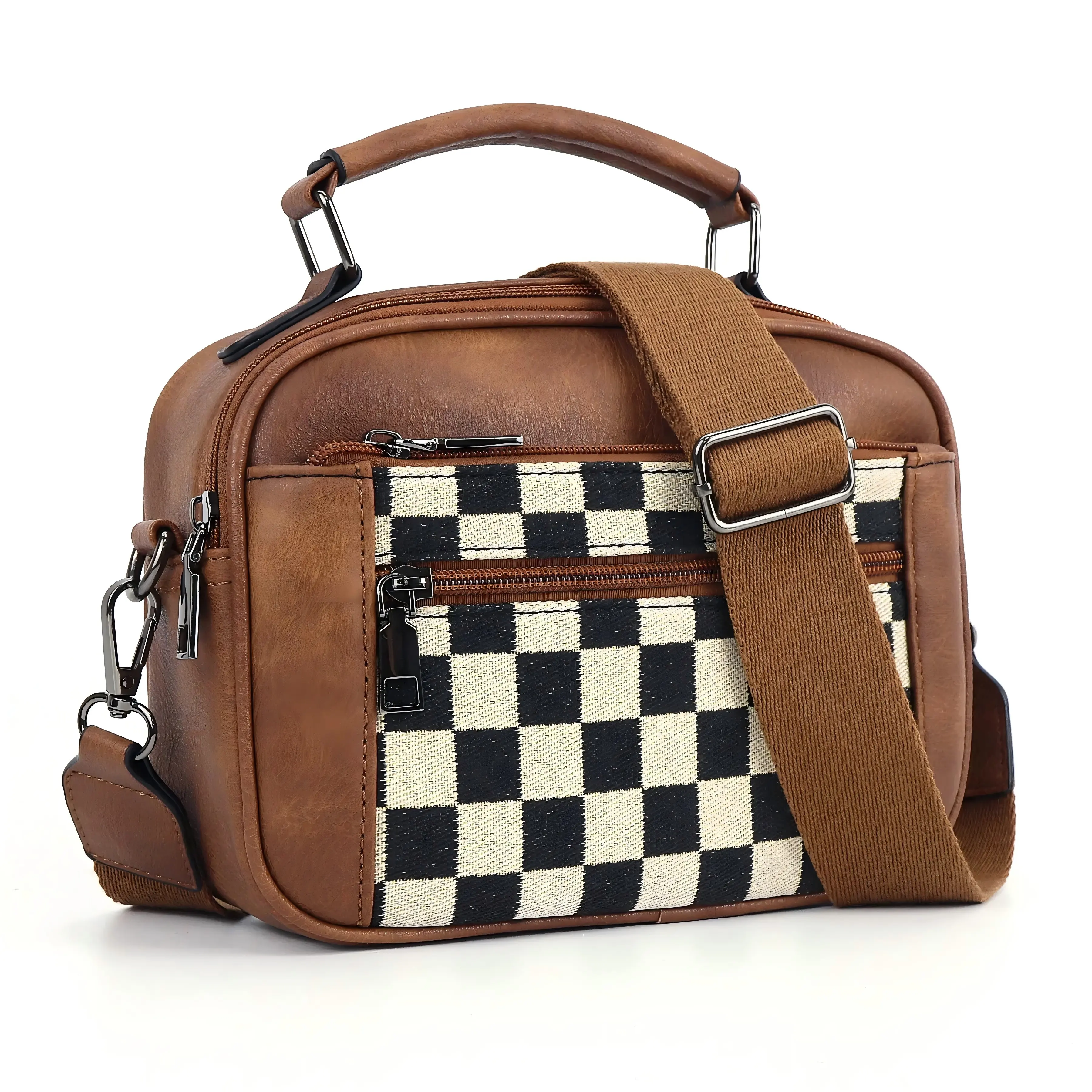 Checkered color-block small square handbag that can be carried by hand or worn crossbody; retro, versatile women’s multifunctional crossbody bag with large capacity, adjustable shoulder strap, multiple pockets and zipper closure; stylish plaid shoulder ba
