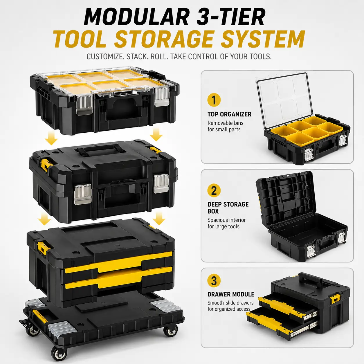 TLGREEN Stackable Rolling Tool Box with Wheels -3/4/5 Tier Modular Tool Organizer System, Portable Tool Box with Drawers for Garage Storage, Home Repairs & Professional Workshop summerwins