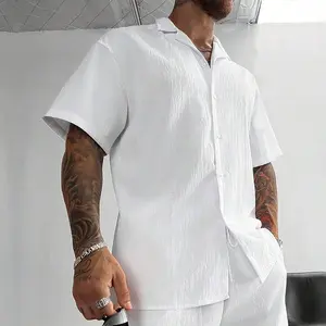 Men's summer ice silk thin style wrinkled texture short sleeved shirt, summer trend high street Hawaiian style casual loose top coat for men