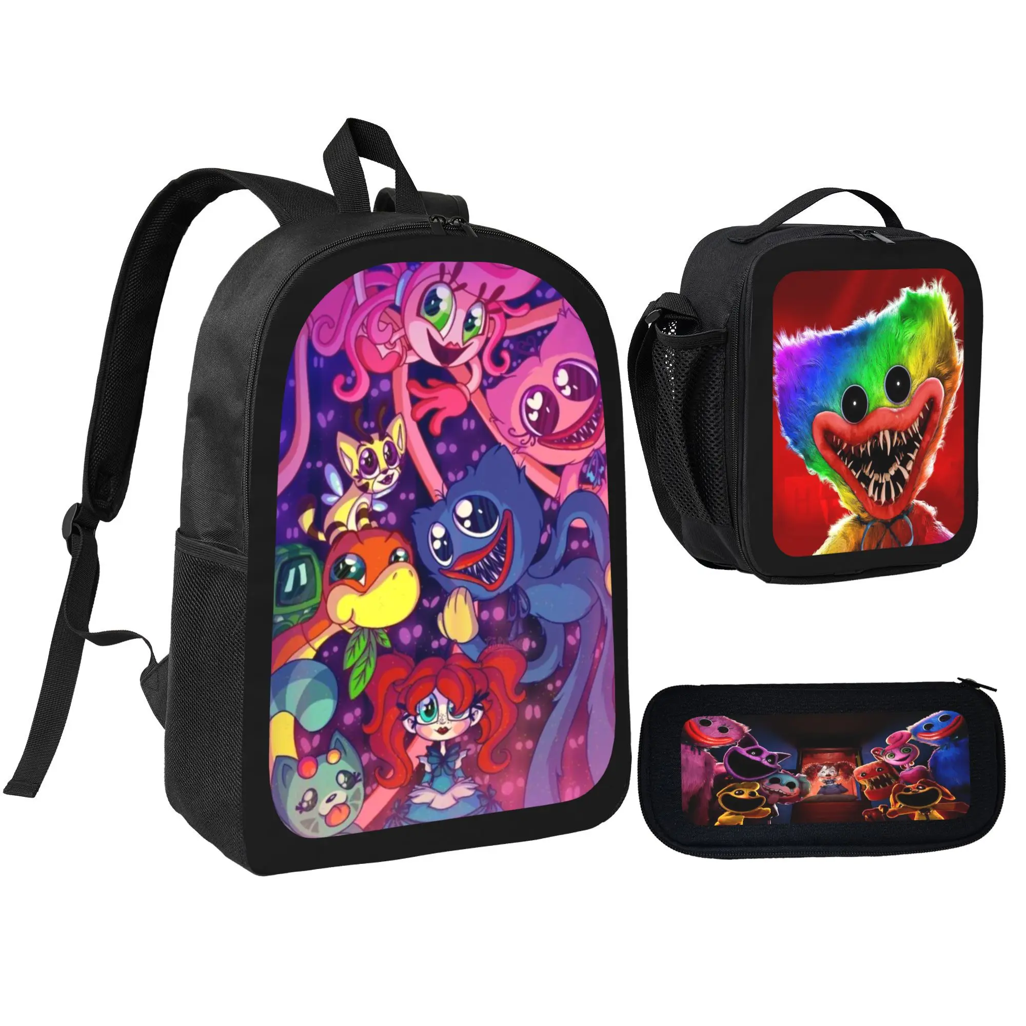 Unisex School Backpack Set with Lunch Bag, Cartoon Monster Print Polyester Daypack for Travel with Breathable Adjustable Straps, All Seasons, Lightweight Construction, Roblox-Inspired, Portable, Sturdy Top Carry Handle