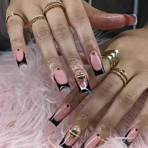 Soft Pink Black French Tip Press Ons - Elegant Design for Versatile Use in Various Applications