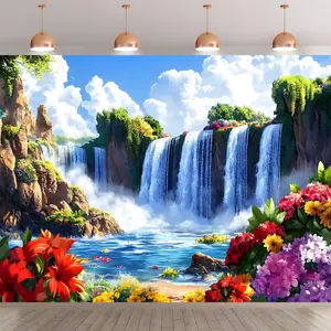 Waterfall & Flower Pattern Wall Banner, Reusable Wall Decoration, Wall Hanging Banner for Party Decoration Supplies, Birthday, Anniversary, Indoor and Outdoor Decorations, Ornaments