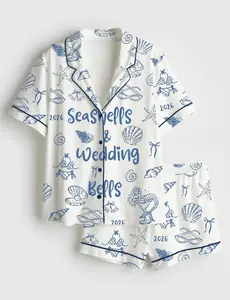 Women’s Seashells & Wedding Bells Bachelorette Beach Mermaid Bride Short Sleeve Silky Satin Pajama Set, Comfy & Cute Shorts Set, Unique PJs with Design, Matching Family Sleepwear Set, Pajama Set For Men Women
