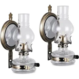 2 Pack Rustic Large Wall Mounted Vintage Glass Oil Lamp Antique Kerosene Hurricane Lantern with Mirror Chamber for Indoor Emergency Lighting Home Decor