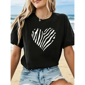 Women's Plus Size Zebra Print T-Shirt - Zebra Stripe Heart & Striped Short Sleeve Crew Neck Blouse Suitable for Summer Spring Casual Outfits, Casual Attire