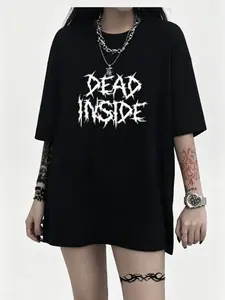 Men's Gothic "DEAD INSIDE" Printed T-Shirt - Vintage Distressed Letter Design, Loose Crew Neck Short Sleeve, Machine Washable Casual Streetwear Top