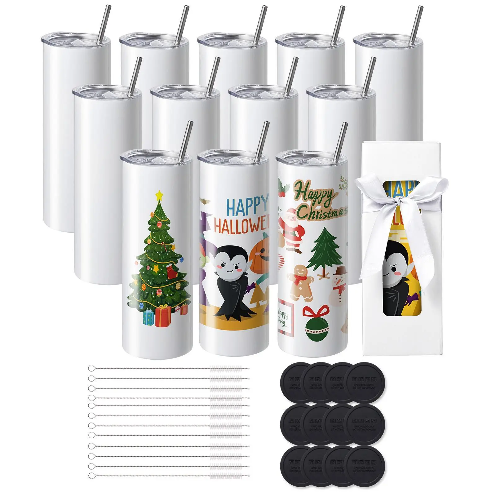 【Summerfinds】VEVOR 12 Pack Sublimation Tumblers 20oz Skinny Straight, Stainless Steel Sublimation Tumblers Blank, Stainless Steel Double Wall Tumbler for Heat Transfer Customized Gifts with Lid and Straw, Gift Box Drinkware Flasks