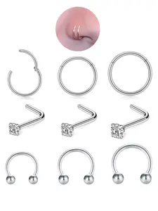 Nose Rings Studs for Women Men Hypoallergenic Gold Silver 316L Stainless Steel Hoops Septum Horseshoe L Shape Corkscrew Nose Studs Body Piercing Jewelry Tragus Conch 20G 18G 16G Nose Rings Set