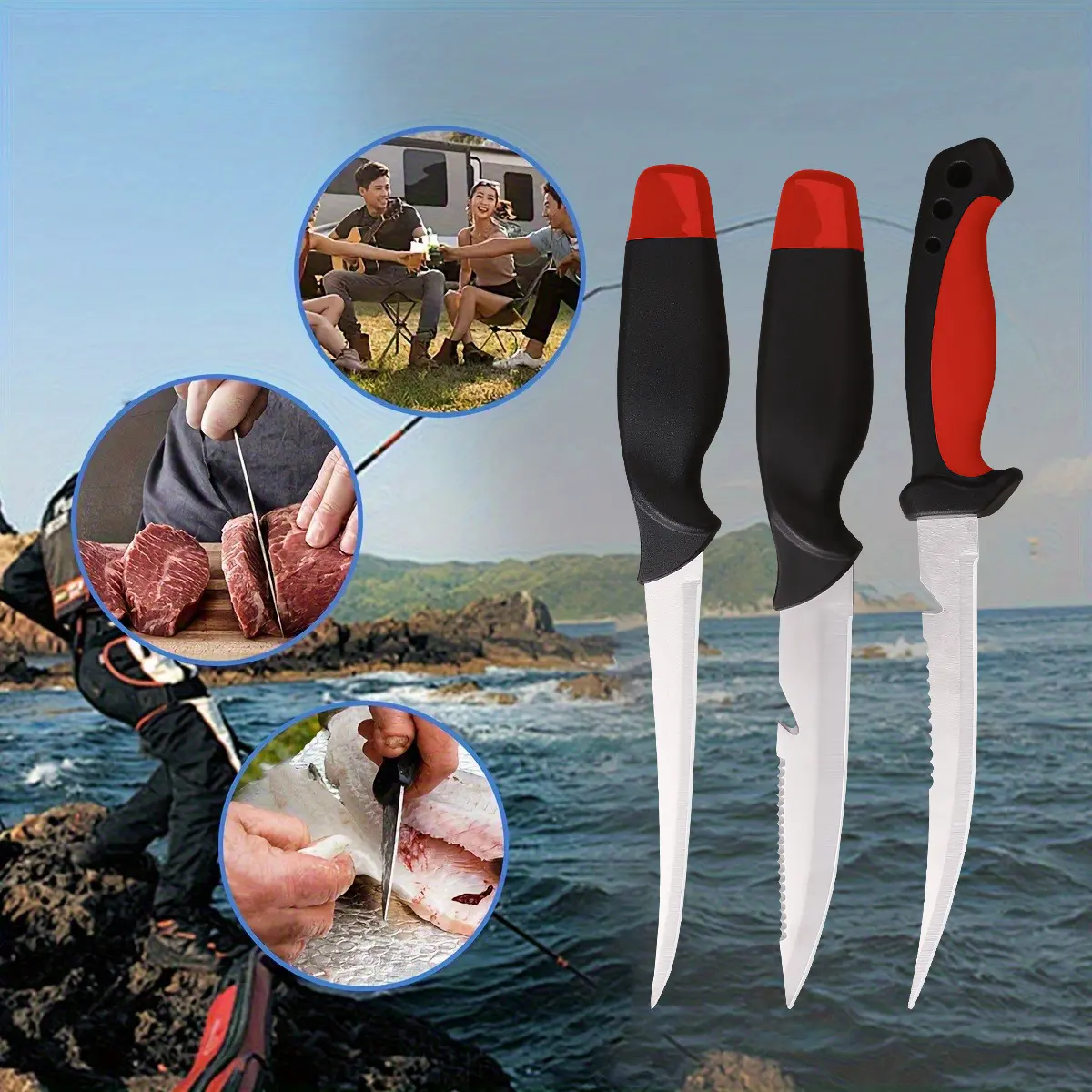 3Pcs Stainless Steel Blade Kitchenware Knives Set - Sharp Boning Fillet Knives for Fishing Trips, Camping, Kitchen Use, with Ergonomic Non-Slip Handle