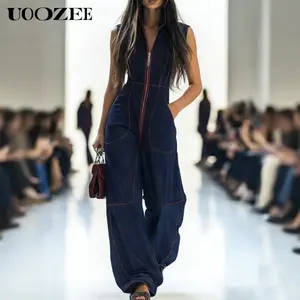 UOOZEE Women's Deep Blue Sleeveless Polyester-Spandex Denim Jumpsuit, Soft Lightweight Summer Streetwear, High Waist Wide Leg, Zip-Front, Multiple Pockets, Ideal for Tall Women (Size Down for Petite; Pair with Blazer/Earrings, Great Fit)