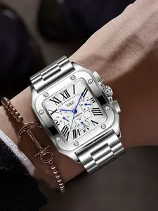 Luxury Square Dial Mechanical Watch for Men, Hollow Out Fashion Business Casual, Durable Automatic Movement, Perfect for Gifts, Stainless Steel Wristwatch
