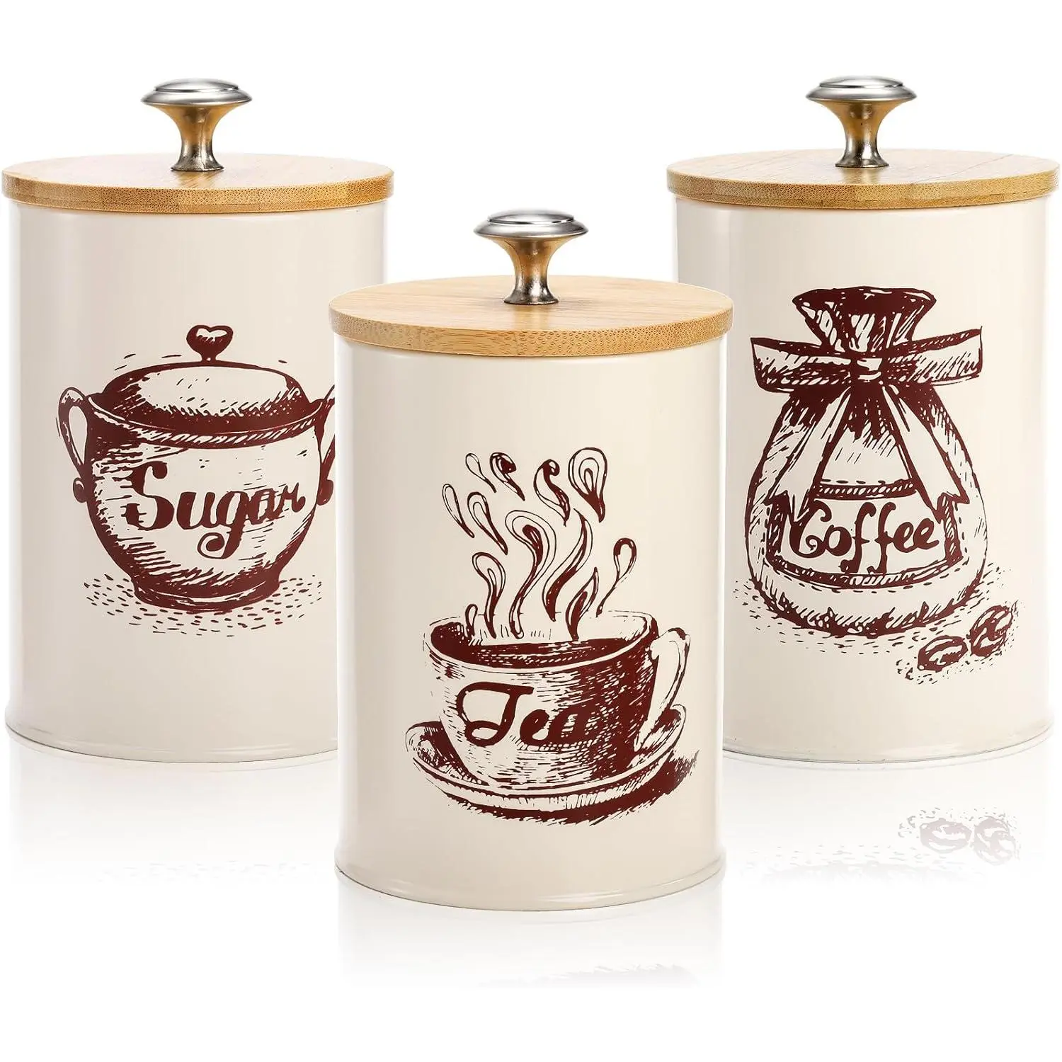 Small Canister Sets for Kitchen Counter, 25 Oz Coffee Sugar  Canister Set, Metal  Kitchen Container 3 Pack,  Storage Containers with  Lid, Farmhouse Decor, Beige