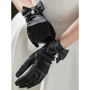 1 Pair Bow Faux Pearl Decor Bridal Bridesmaid Prom Party Elastic Satin Gloves, Wedding Dress Accessories