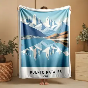 1 piece Snow-capped mountain lake view of Puerto Natales, Patagonia, Chile themed flannel blanket - All-season comfortable flannel blanket, modern design style, suitable for sofas and beds, digitally printed pattern, super soft and warm, 100%