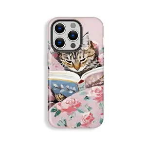 Cute Cat Reading Book Design Shockproof Smartphone Cover, Multi-Model Tech Accessory with Full Protection for iPhone 17 Pro Max,16 Pro,15,14,13,12, Ideal Gift for Girls