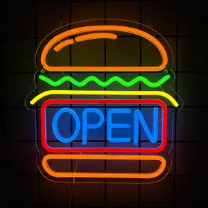 Burgers Open Neon Sign for Wall Decor  Hamburger Led Lights Signs Open Signs for Business Food Neon Light Room Decor for Bar Party Snack Shop Restaurant Gift USB Powered USB Powered Easy Hanging