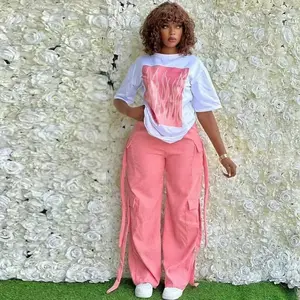 2 Pieces Women's Sets 2025 Spring Summer Pocket Pullover Suit Short Sleeve Tops And Pants Suits Two Piece Set Tracksuit Outfit Clothes Womenswear Gamis Basic Black Festival Minimalist Casual