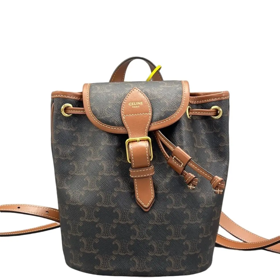 Pre-owned Celine Leather Backpacks Mini Folco Backpack Calfskin Triomphe Brown Dark Brown (ym092526e4r) [Shanghai]